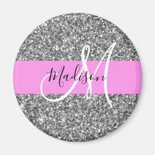 Glam Pink & Silver Glitter Sparkles Monogram Name Magnet