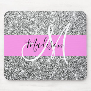 Glam Pink & Silver Glitter Sparkles Monogram Name Mouse Pad