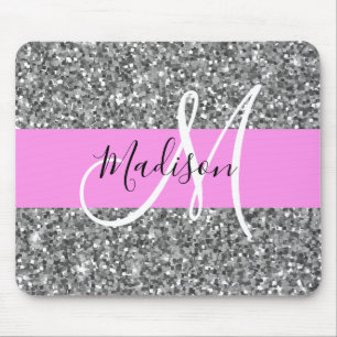Glam Pink & Silver Glitter Sparkles Monogram Name Mouse Pad