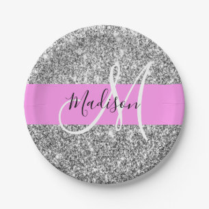 Glam Pink & Silver Glitter Sparkles Monogram Name Paper Plate