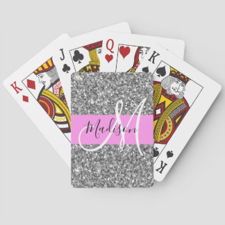 Glam Pink & Silver Glitter Sparkles Monogram Name Playing Cards