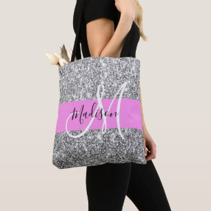 Glam Pink & Silver Glitter Sparkles Monogram Name Tote Bag
