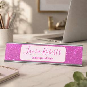 Glam Pink Sparkle Minimal Branding Desk Name Plate