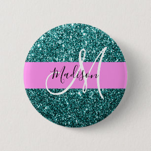 Glam Pink Teal Green Glitter Sparkle Name Monogram 6 Cm Round Badge