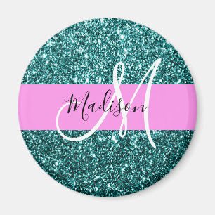 Glam Pink Teal Green Glitter Sparkle Name Monogram Magnet