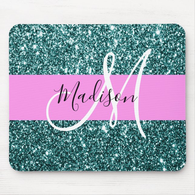 Glam Pink Teal Green Glitter Sparkle Name Monogram Mouse Pad (Front)