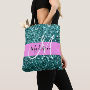 Glam Pink Teal Green Glitter Sparkle Name Monogram Tote Bag