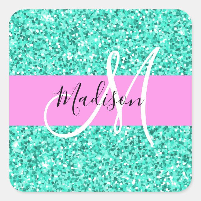 Glam Pink Turquoise Glitter Sparkles Monogram Name Square Sticker (Front)