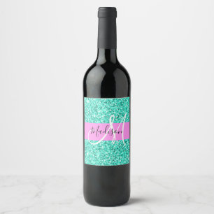 Glam Pink Turquoise Glitter Sparkles Monogram Name Wine Label