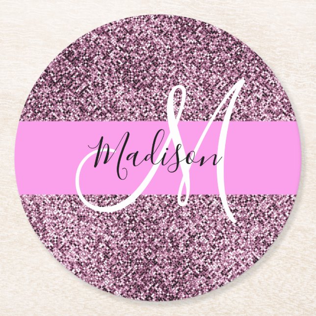 Glam Pink & Violet Glitter Sparkles Monogram Name Round Paper Coaster (Front)
