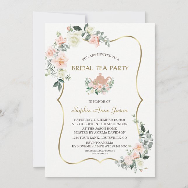 Glam Pink White Floral Gold Frame Bridal Tea Party Invitation (Front)