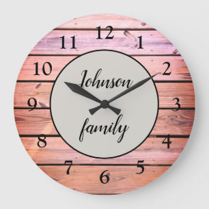 Glam Pink Wood Family Name Large Clock