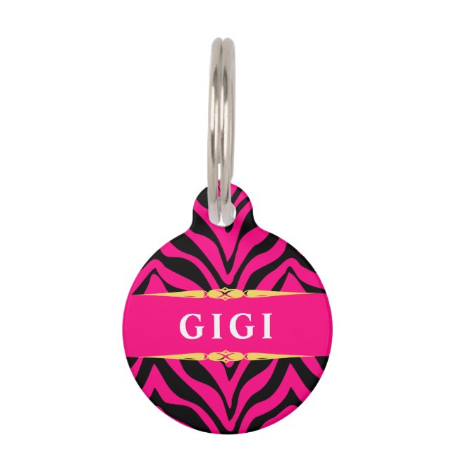 Glam Pink Zebra Print Personalized Pet Tag (Front)