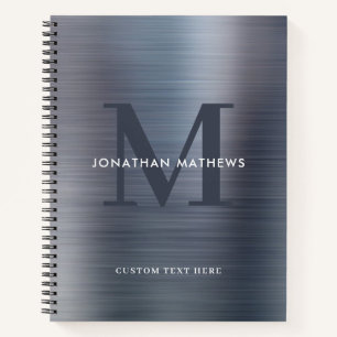 Glam Plain Brushed Metallic Grey Silver Monogram Notebook