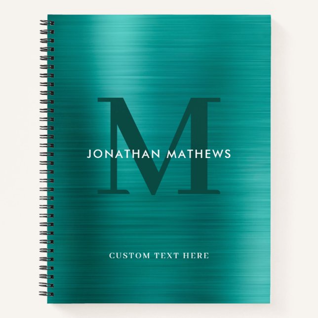 Glam Plain Brushed Metallic Teal Monogram Notebook (Front)