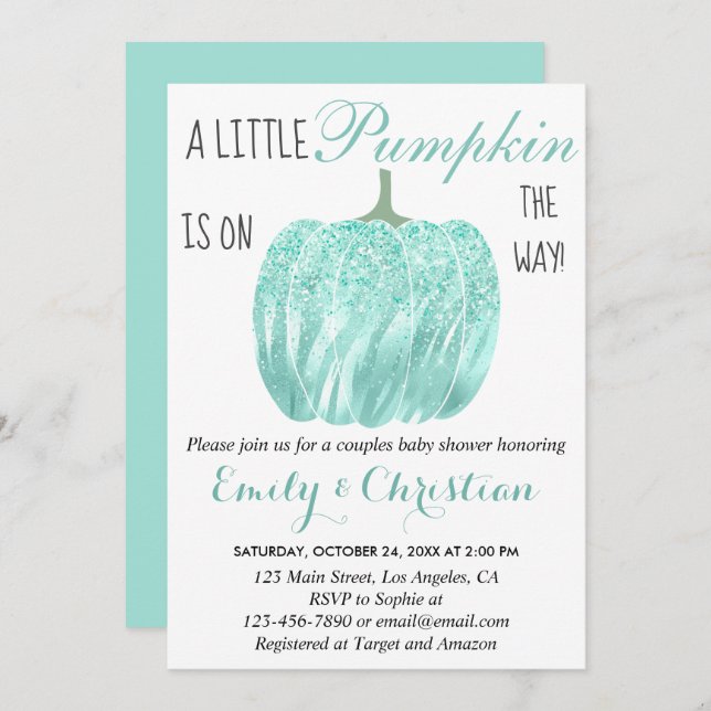 Glam Pumpkin Aqua Turquoise Glitter Baby Shower Invitation (Front/Back)
