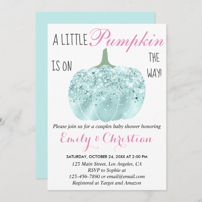 Glam Pumpkin Aqua Turquoise Glitter Baby Shower Invitation (Front/Back)