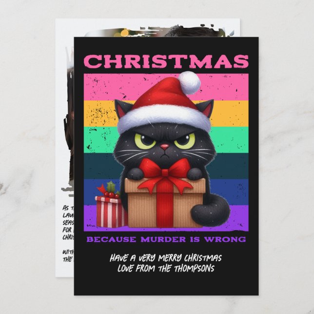 Glam Punk Funny Cat Retro Christmas Photo Holiday Card (Front/Back)