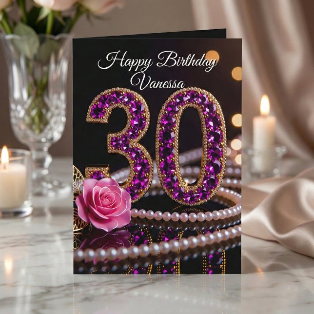 Glam Purple Amethyst Gems and Pearls 30th Birthday Card (Creator Uploaded)