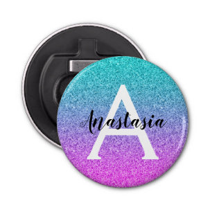 Glam Purple Aqua Glitter Sparkle Gradient Monogram Bottle Opener