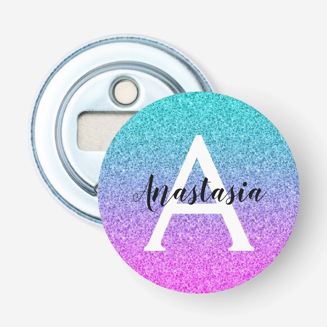 Glam Purple Aqua Glitter Sparkle Gradient Monogram Bottle Opener (Front)