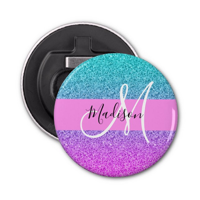 Glam Purple Aqua Glitter Sparkle Gradient Monogram Bottle Opener (Front)