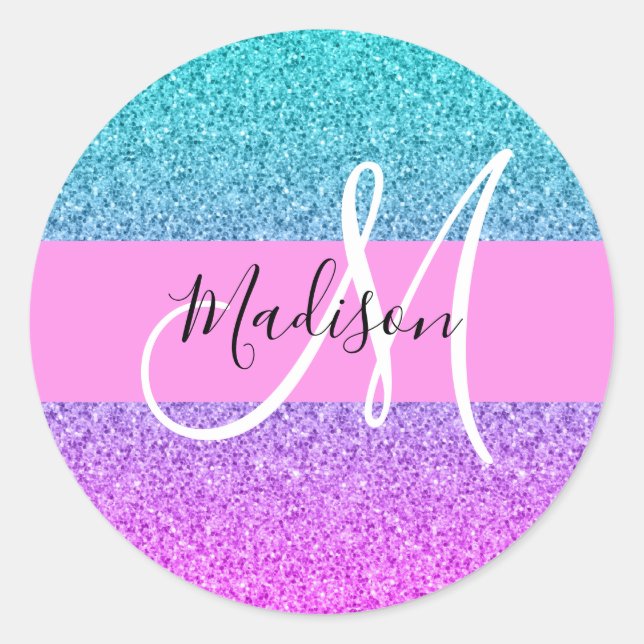 Glam Purple Aqua Glitter Sparkle Gradient Monogram Classic Round Sticker (Front)