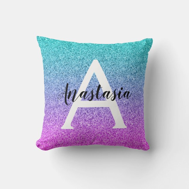Glam Purple Aqua Glitter Sparkle Gradient Monogram Cushion (Front)