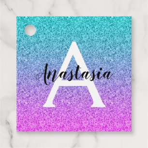 Glam Purple Aqua Glitter Sparkle Gradient Monogram Favour Tags