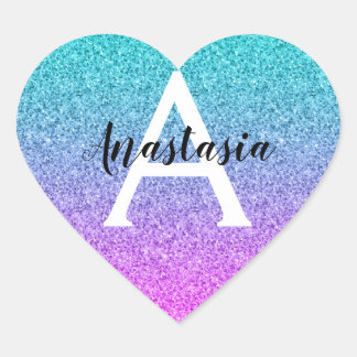 Glam Purple Aqua Glitter Sparkle Gradient Monogram Heart Sticker