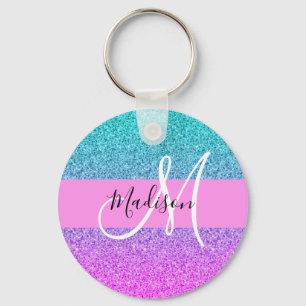 Glam Purple Aqua Glitter Sparkle Gradient Monogram Key Ring