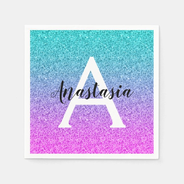 Glam Purple Aqua Glitter Sparkle Gradient Monogram Napkin (Front)