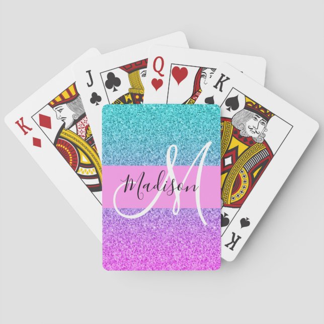 Glam Purple Aqua Glitter Sparkle Gradient Monogram Playing Cards (Back)