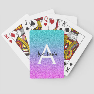 Glam Purple Aqua Glitter Sparkle Gradient Monogram Playing Cards