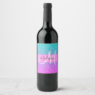 Glam Purple Aqua Glitter Sparkle Gradient Monogram Wine Label