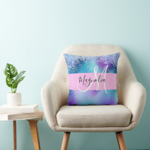 Glam Purple, Blue & Green Glitter Sparkle Monogram Cushion