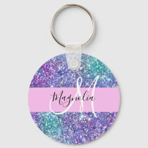 Glam Purple, Blue & Green Glitter Sparkle Monogram Key Ring