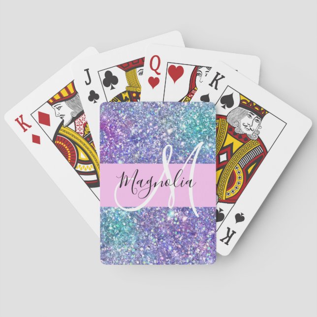 Glam Purple, Blue & Green Glitter Sparkle Monogram Playing Cards (Back)