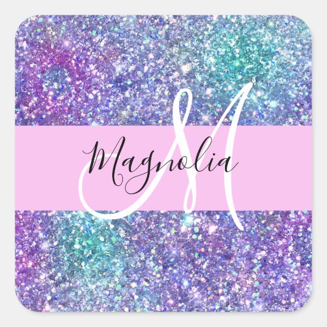 Glam Purple, Blue & Green Glitter Sparkle Monogram Square Sticker (Front)
