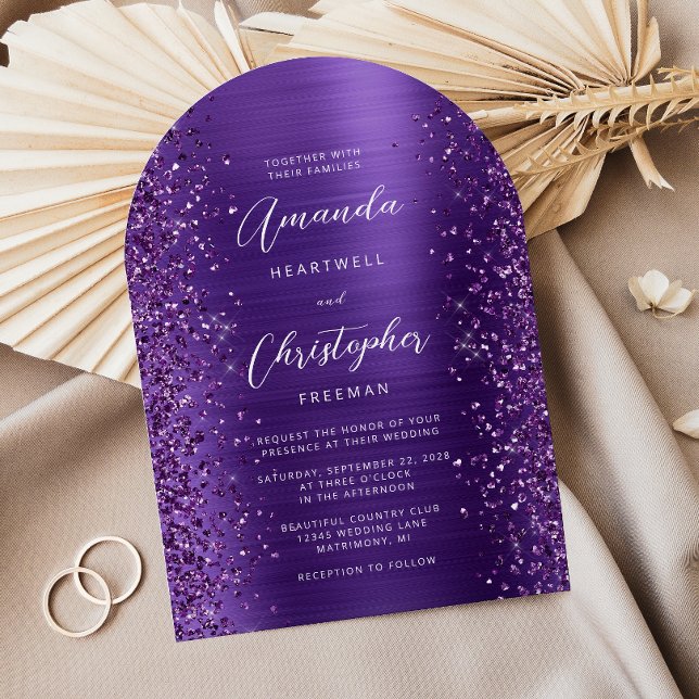 Glam Purple Brushed Metal Glitter Arch Wedding Invitation (Creator Uploaded)