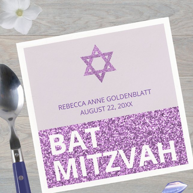 Glam Purple Chic Elegant Religious Bat Mitzvah Napkin (Add to the purple theme with custom Bat Mitzvah paper napkins)