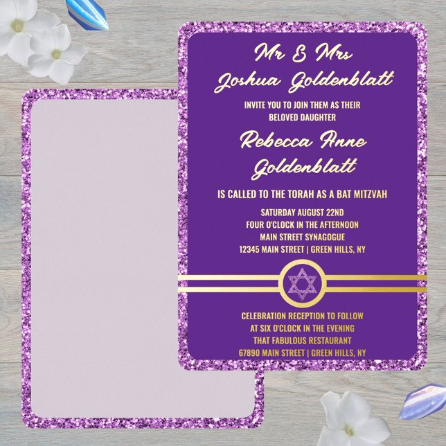 Glam Purple Classic Elegant Bat Mitzvah Gold (This purple Bat Mitzvah invitation is easy to personalize)