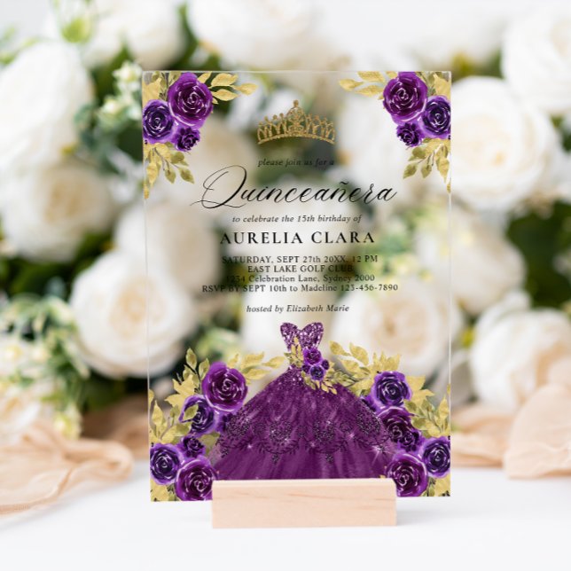 Glam Purple Dress Floral 15th Quinceañera Acrylic Invitations (Creator Uploaded)