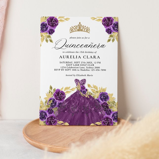 Glam Purple Dress Floral 15th Quinceañera Invitation (Creator Uploaded)