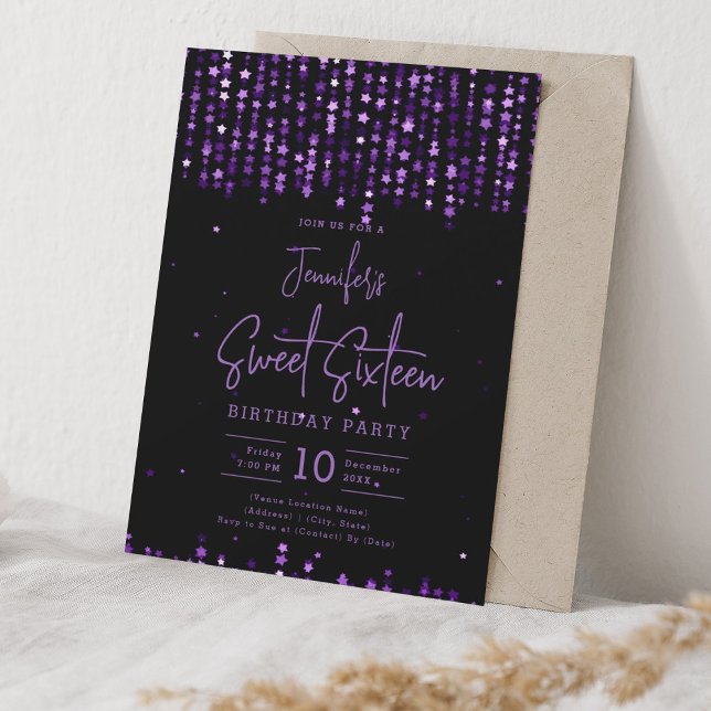 Glam Purple Falling Stars Sweet 16 Birthday Party Invitation (Glam Purple Falling Stars Sweet 16 Birthday Party Invitation)