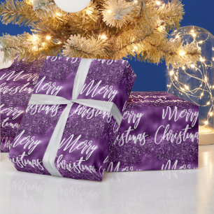 Glam Purple Foil Glitter Merry Christmas Script Wrapping Paper