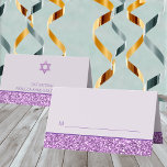 Glam Purple Fun Seating For Bat Mitzvah Party Place Card<br><div class="desc">Set the perfect tables with these Bat Mitzvah party place cards in purple glam with faux glitter and personalised text. Set on a pale pastel lavender purple background with a faux purple glitter border at the bottom, the front of these custom place cards has a line for writing in the...</div>