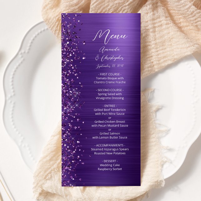 Glam Purple Glitter Brushed Metal Wedding Menu (Creator Uploaded)