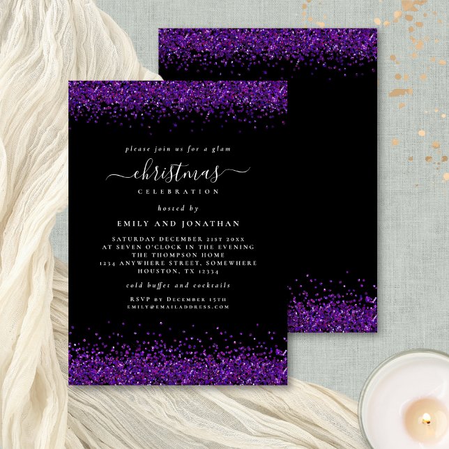 Glam Purple Glitter Christmas Party Black Invitation (Front and back view)