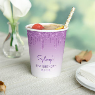 Glam Purple Glitter Drip 21st Birthday Party Paper Cups